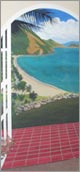 Caribbean scenery painted on wall. Tropical island mural, trompe loeil